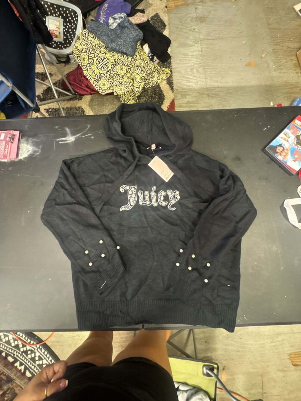 Juicy Couture Faux Pearl Beaded Logo Knit Sweater Hoodie in Black Size XL